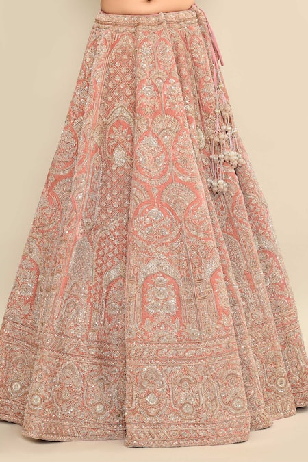 Kalighata_Pink Velvet, Chiffon Sequins, Embroidery Bridal Lehenga Set _Online_at_Aza_Fashions