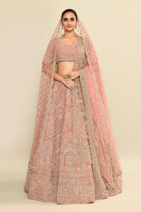 Buy_Kalighata_Pink Velvet, Chiffon Sequins, Embroidery Bridal Lehenga Set _Online_at_Aza_Fashions