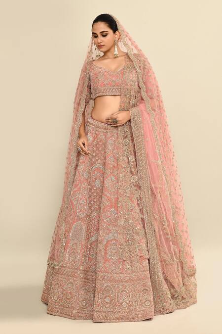 Shop_Kalighata_Pink Velvet, Chiffon Sequins, Embroidery Bridal Lehenga Set _Online_at_Aza_Fashions