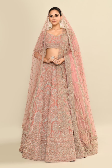 Kalighata_Pink Velvet, Chiffon Sequins, Embroidery Bridal Lehenga Set _at_Aza_Fashions