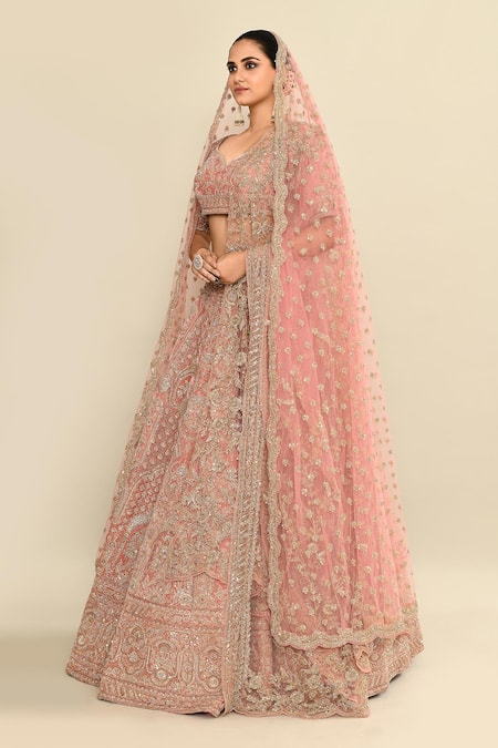 Buy_Kalighata_Pink Velvet, Chiffon Sequins, Embroidery Bridal Lehenga Set 