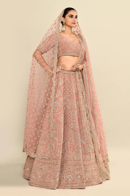 Shop_Kalighata_Pink Velvet, Chiffon Sequins, Embroidery Bridal Lehenga Set 