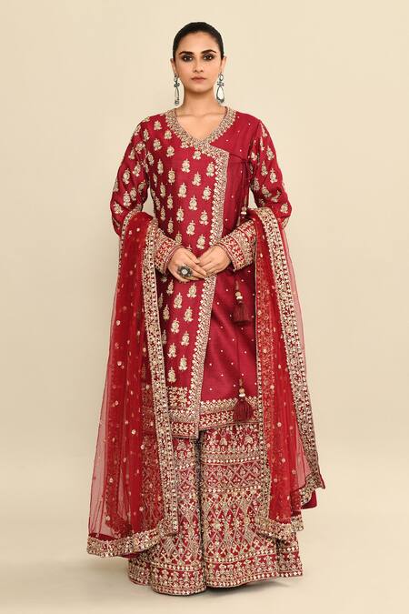 Kalighata_Maroon Chanderi Cut Work, Sequins Queen Hand Embroidered Angarkha Sharara Set _Online_at_Aza_Fashions