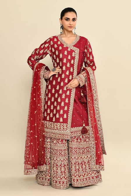 Buy_Kalighata_Maroon Chanderi Cut Work, Sequins Queen Hand Embroidered Angarkha Sharara Set _Online_at_Aza_Fashions