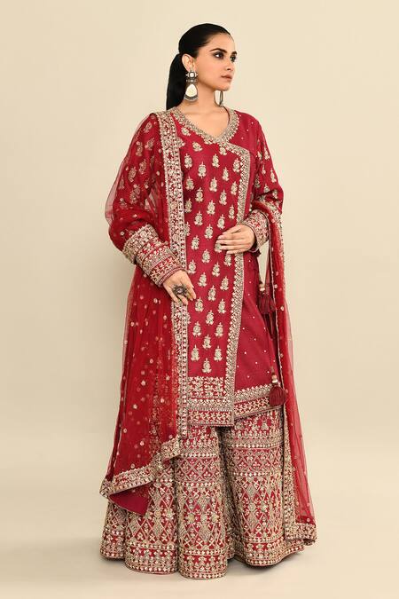 Shop_Kalighata_Maroon Chanderi Cut Work, Sequins Queen Hand Embroidered Angarkha Sharara Set _Online_at_Aza_Fashions