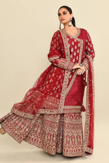 Kalighata_Maroon Chanderi Cut Work, Sequins Queen Hand Embroidered Angarkha Sharara Set _at_Aza_Fashions