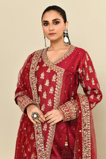 Buy_Kalighata_Maroon Chanderi Cut Work, Sequins Queen Hand Embroidered Angarkha Sharara Set 