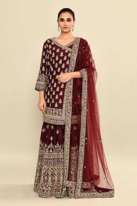 Buy_Kalighata_Wine Chanderi Sequins, Embroidery, Cut Work V-neck Hand Angarkha Set _Online_at_Aza_Fashions