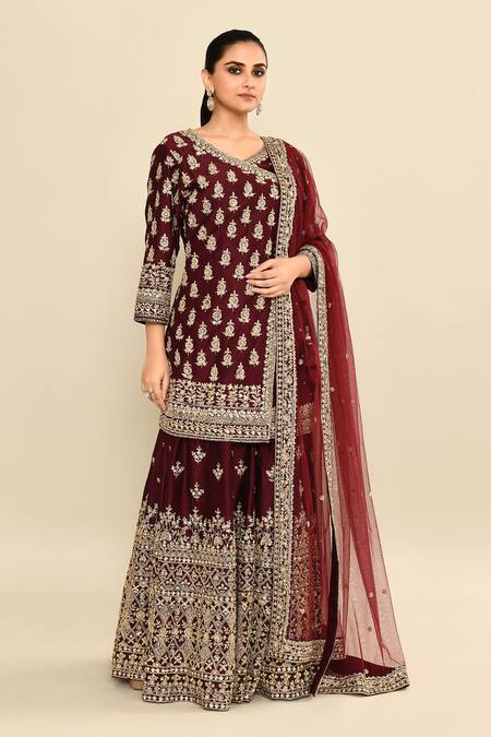 Shop_Kalighata_Wine Chanderi Sequins, Embroidery, Cut Work V-neck Hand Angarkha Set _Online_at_Aza_Fashions