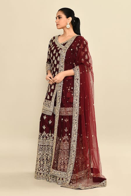 Kalighata_Wine Chanderi Sequins, Embroidery, Cut Work V-neck Hand Angarkha Set _at_Aza_Fashions