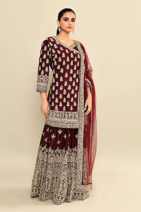 Buy_Kalighata_Wine Chanderi Sequins, Embroidery, Cut Work V-neck Hand Angarkha Set 