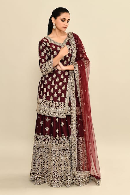 Shop_Kalighata_Wine Chanderi Sequins, Embroidery, Cut Work V-neck Hand Angarkha Set 