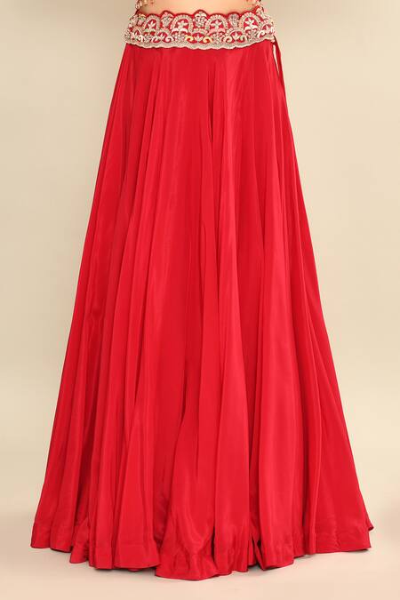 Kalighata_Red Silk Embroidery, Sequins, Tassels Asymmetric Floral Lehenga Set With Cape _Online_at_Aza_Fashions