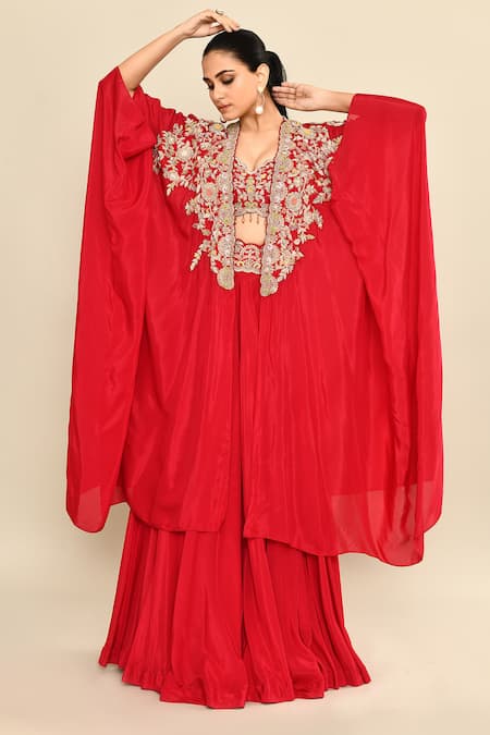 Shop_Kalighata_Red Silk Embroidery, Sequins, Tassels Asymmetric Floral Lehenga Set With Cape _Online_at_Aza_Fashions