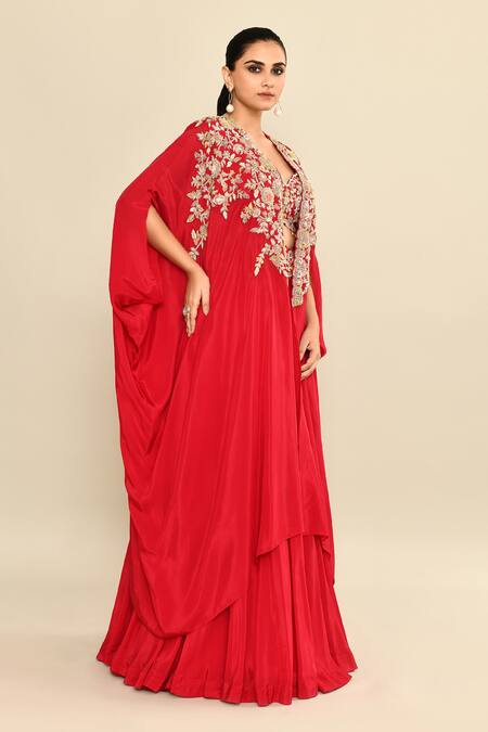 Buy_Kalighata_Red Silk Embroidery, Sequins, Tassels Asymmetric Floral Lehenga Set With Cape 