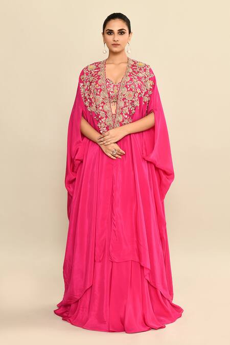 Buy_Kalighata_Pink Silk Tassels, Cut Work, Sequins Floral Embroidered Lehenga Set With Cape _Online_at_Aza_Fashions