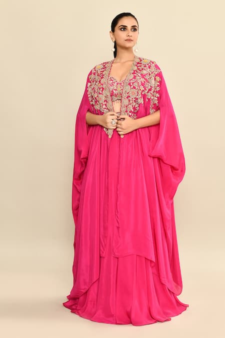 Shop_Kalighata_Pink Silk Tassels, Cut Work, Sequins Floral Embroidered Lehenga Set With Cape _Online_at_Aza_Fashions