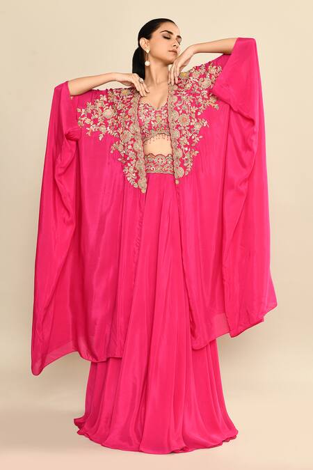 Kalighata_Pink Silk Tassels, Cut Work, Sequins Floral Embroidered Lehenga Set With Cape _at_Aza_Fashions