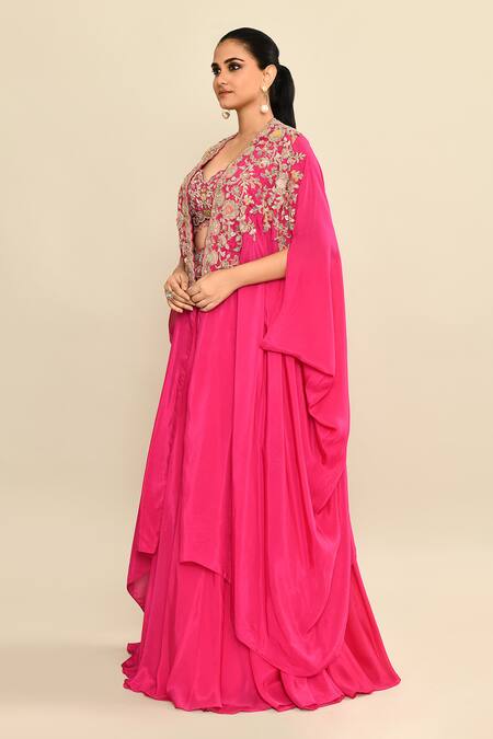 Buy_Kalighata_Pink Silk Tassels, Cut Work, Sequins Floral Embroidered Lehenga Set With Cape 