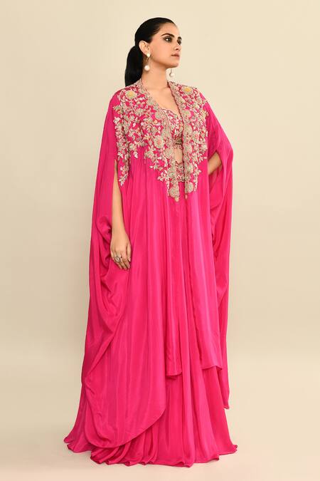 Shop Kalighata Pink Silk Tassels, Cut Work, Sequins Floral Embroidered Lehenga Set With Cape Shop_Kalighata_Pink Silk Tassels, Cut Work, Sequins Floral Embroidered Lehenga Set With Cape