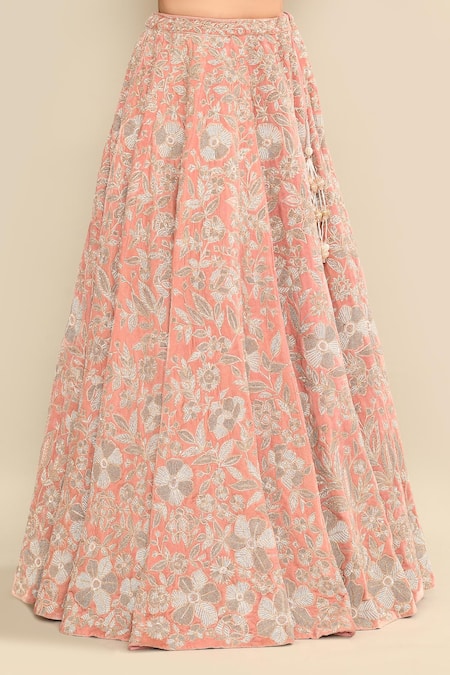 Kalighata_Pink Velvet, Chiffon Sequins, Embroidery, Cut Work Floral Motif Lehenga Set _Online_at_Aza_Fashions