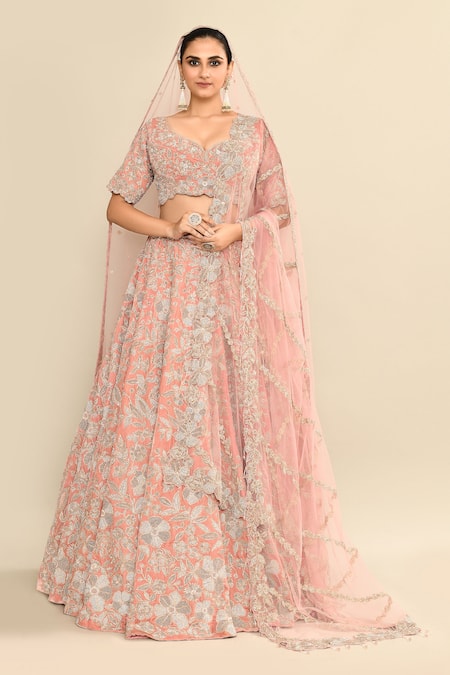 Buy_Kalighata_Pink Velvet, Chiffon Sequins, Embroidery, Cut Work Floral Motif Lehenga Set _Online_at_Aza_Fashions