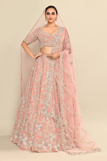 Shop_Kalighata_Pink Velvet, Chiffon Sequins, Embroidery, Cut Work Floral Motif Lehenga Set _Online_at_Aza_Fashions