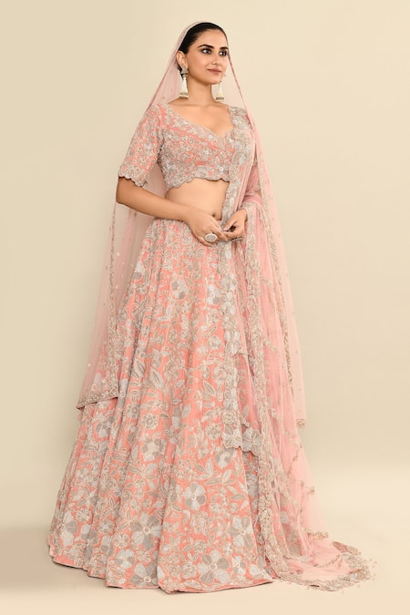 Kalighata_Pink Velvet, Chiffon Sequins, Embroidery, Cut Work Floral Motif Lehenga Set _at_Aza_Fashions