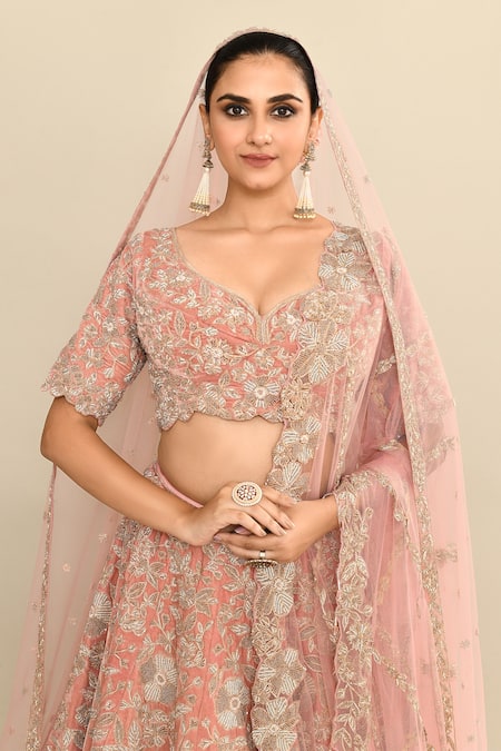 Buy_Kalighata_Pink Velvet, Chiffon Sequins, Embroidery, Cut Work Floral Motif Lehenga Set 