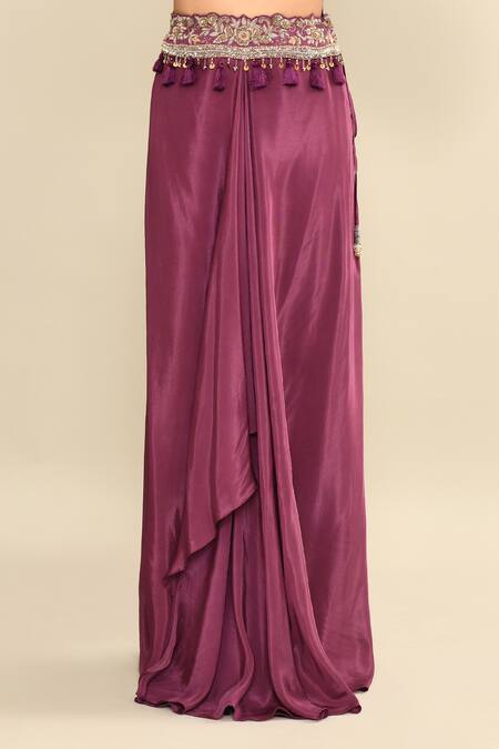 Kalighata_Purple Silk Sequins, Tassels, Cut Embroidered Waist Draped Skirt Set With Cape _Online_at_Aza_Fashions