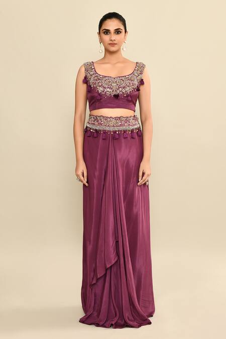 Buy_Kalighata_Purple Silk Sequins, Tassels, Cut Embroidered Waist Draped Skirt Set With Cape _Online_at_Aza_Fashions
