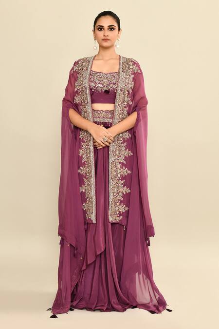 Shop_Kalighata_Purple Silk Sequins, Tassels, Cut Embroidered Waist Draped Skirt Set With Cape _Online_at_Aza_Fashions