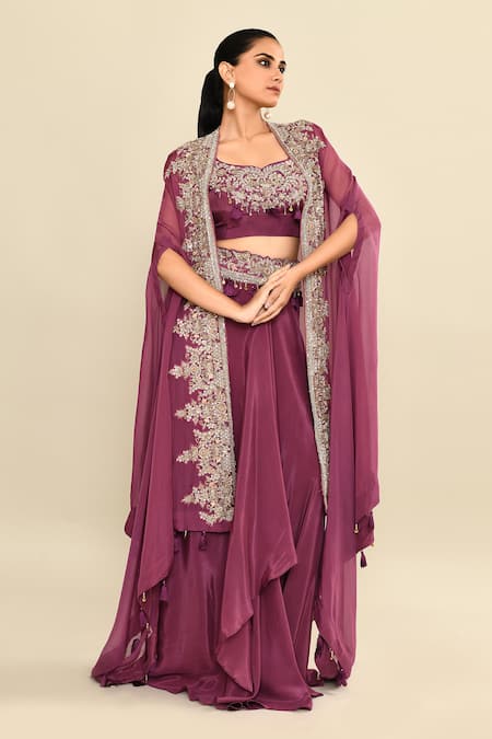 Kalighata_Purple Silk Sequins, Tassels, Cut Embroidered Waist Draped Skirt Set With Cape _at_Aza_Fashions