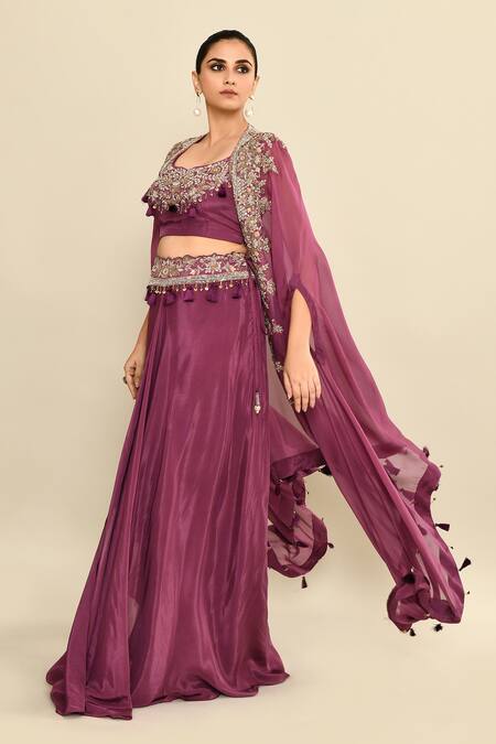 Buy_Kalighata_Purple Silk Sequins, Tassels, Cut Embroidered Waist Draped Skirt Set With Cape 