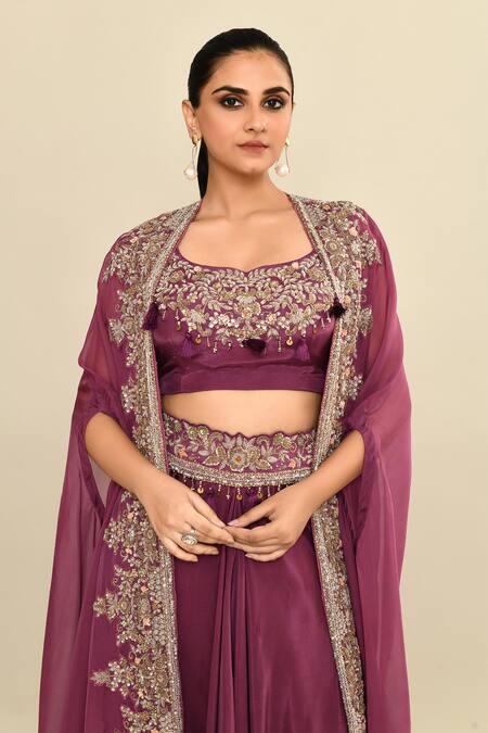 Shop_Kalighata_Purple Silk Sequins, Tassels, Cut Embroidered Waist Draped Skirt Set With Cape 