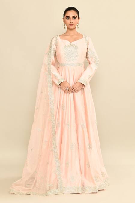 Kalighata_Pink Chanderi Embroidery Asymmetric Floral Hand Anarkali Set _Online_at_Aza_Fashions