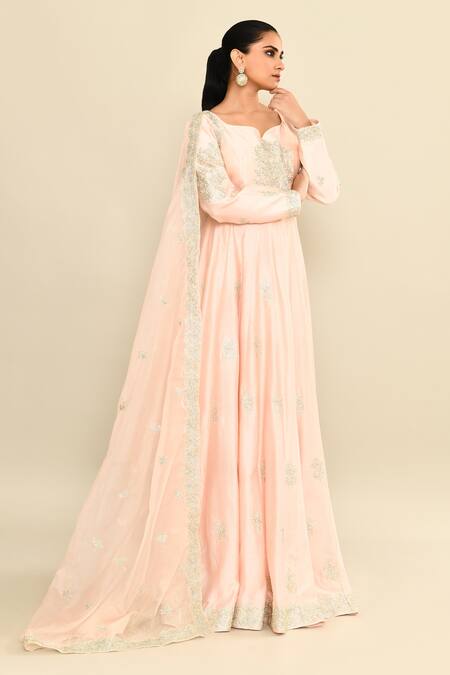 Buy_Kalighata_Pink Chanderi Embroidery Asymmetric Floral Hand Anarkali Set _Online_at_Aza_Fashions