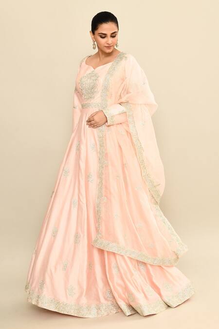 Shop_Kalighata_Pink Chanderi Embroidery Asymmetric Floral Hand Anarkali Set _Online_at_Aza_Fashions