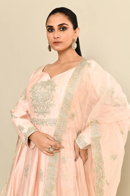 Kalighata_Pink Chanderi Embroidery Asymmetric Floral Hand Anarkali Set _at_Aza_Fashions