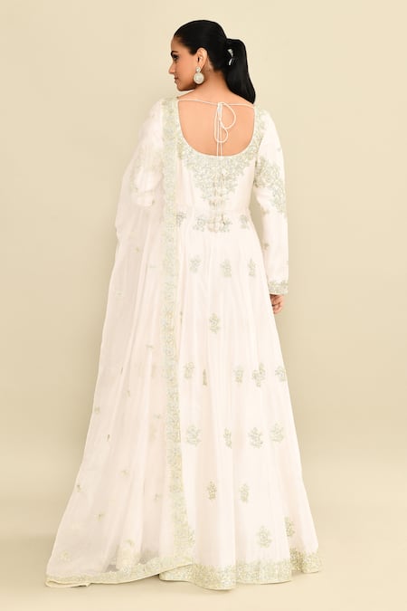 Shop_Kalighata_Ivory Chanderi Embroidery Floral Hand Anarkali Set _at_Aza_Fashions