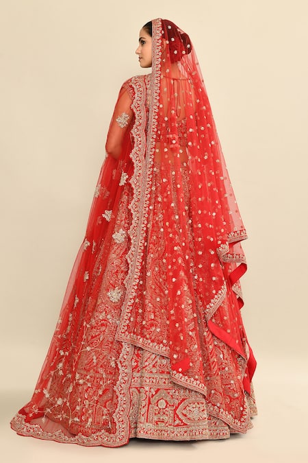 Kalighata Hand Embroidered Red Bridal Lehenga Set 