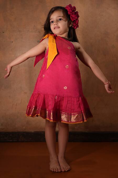 Shop Love The World Today Pink Cotton Silk Woven Buti Motifs One Shoulder Dress Online at Aza Fashions Shop_Love The World Today_Pink Cotton Silk Woven Buti Motifs One Shoulder Dress_Online_at_Aza_Fashions