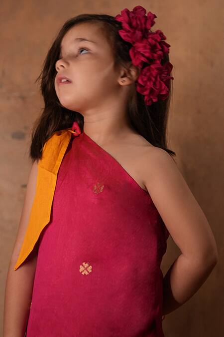 Love The World Today Pink Cotton Silk Woven Buti Motifs One Shoulder Dress at Aza Fashions Love The World Today_Pink Cotton Silk Woven Buti Motifs One Shoulder Dress_at_Aza_Fashions