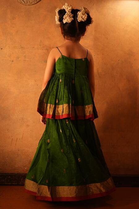 Shop Love The World Today Green Cotton Silk Woven Buti Motifs Lehenga And Pleated Top Set at Aza Fashions Shop_Love The World Today_Green Cotton Silk Woven Buti Motifs Lehenga And Pleated Top Set_at_Aza_Fashions