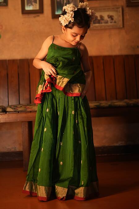 Love The World Today Green Cotton Silk Woven Buti Motifs Lehenga And Pleated Top Set Online at Aza Fashions Love The World Today_Green Cotton Silk Woven Buti Motifs Lehenga And Pleated Top Set_Online_at_Aza_Fashions