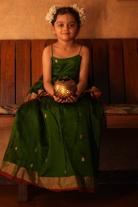 Buy Love The World Today Green Cotton Silk Woven Buti Motifs Lehenga And Pleated Top Set Online at Aza Fashions Buy_Love The World Today_Green Cotton Silk Woven Buti Motifs Lehenga And Pleated Top Set_Online_at_Aza_Fashions