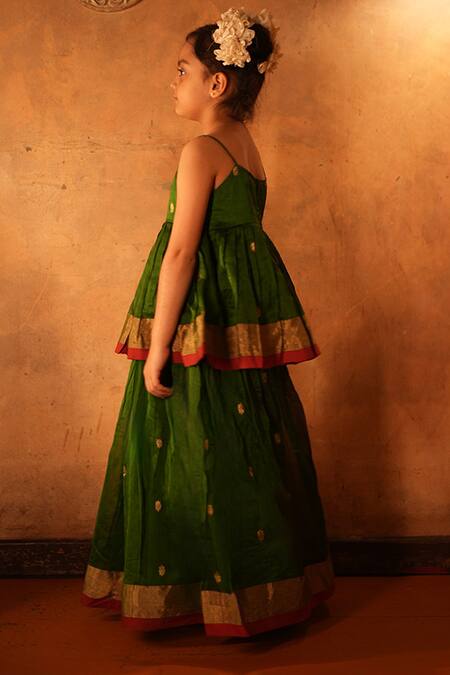 Shop Love The World Today Green Cotton Silk Woven Buti Motifs Lehenga And Pleated Top Set Online at Aza Fashions Shop_Love The World Today_Green Cotton Silk Woven Buti Motifs Lehenga And Pleated Top Set_Online_at_Aza_Fashions