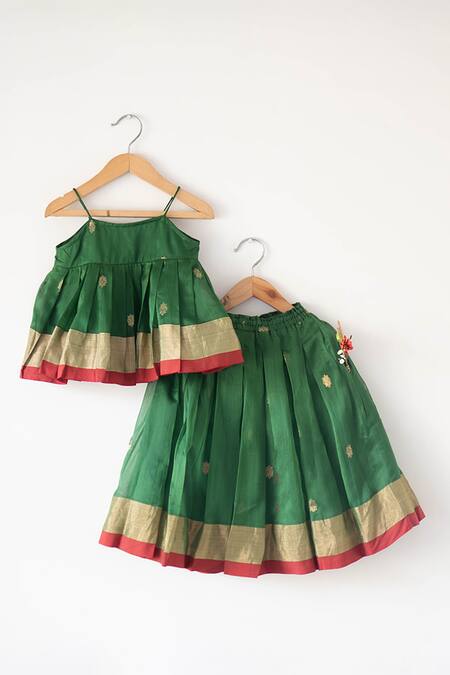 Shop Love The World Today Green Cotton Silk Woven Buti Motifs Lehenga And Pleated Top Set Shop_Love The World Today_Green Cotton Silk Woven Buti Motifs Lehenga And Pleated Top Set