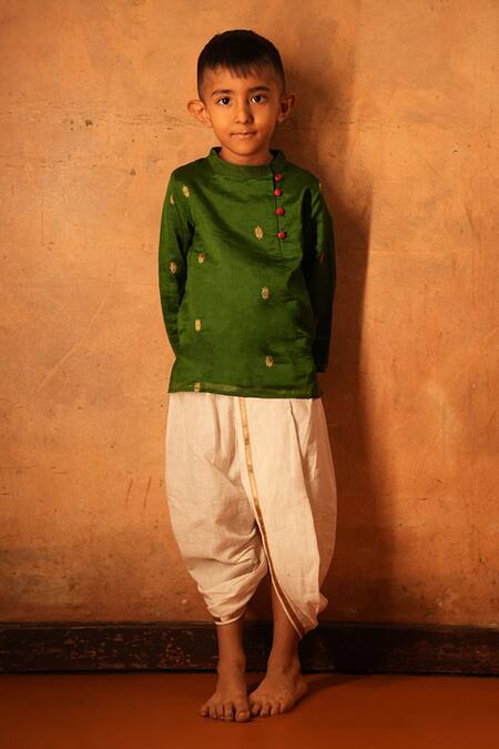 Love The World Today_Green Cotton Silk Woven Buti Motifs Kurta_Online_at_Aza_Fashions