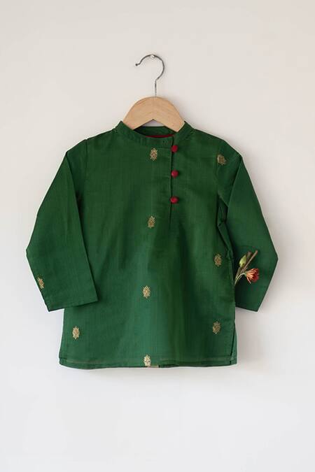Buy_Love The World Today_Green Cotton Silk Woven Buti Motifs Kurta_Online_at_Aza_Fashions